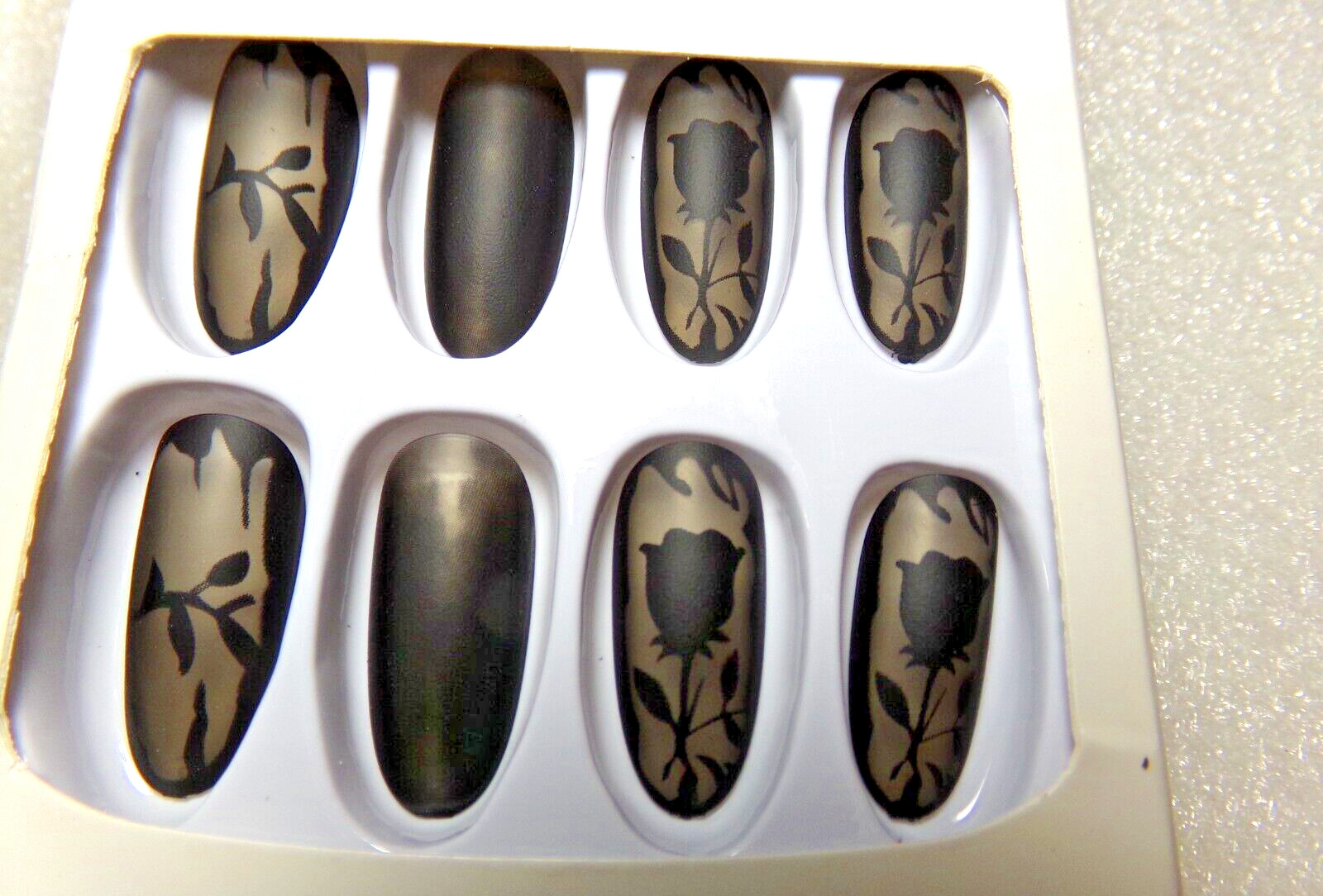 Beautiful Nails Matte Black Rose Design Glue on Long Oval