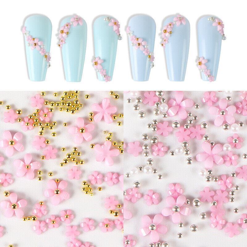 Nail Art 200Pcs Silver Gold Beads Flowers Crafts Gems Stones 3D Nail Decoration