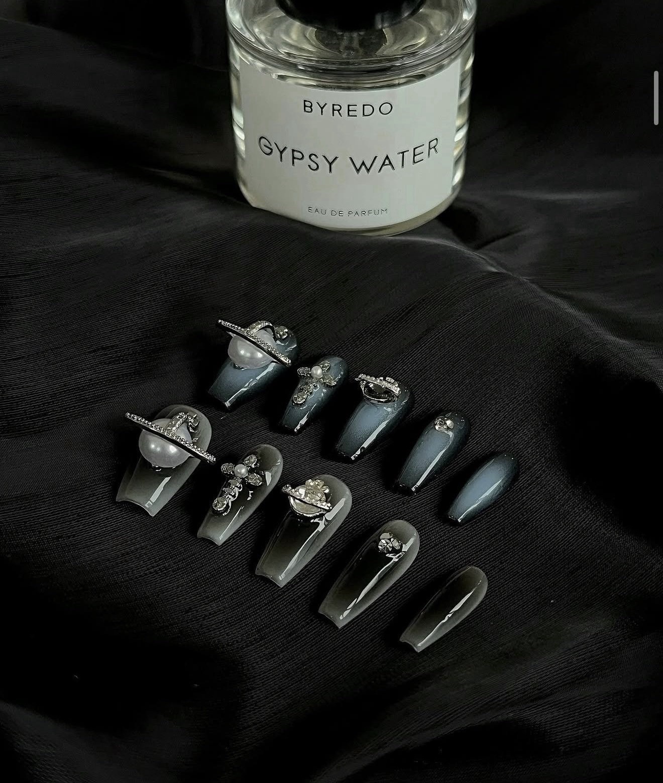 Vivienne Westwood Inspired Press-On Nails, Black Gray Shiny 3D Jewel