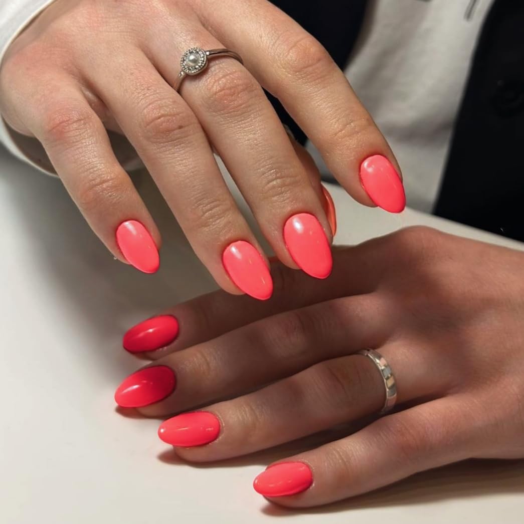 Coral Press On Nails Short Oval,KQueenest Thick 24 pieces, glossy coral