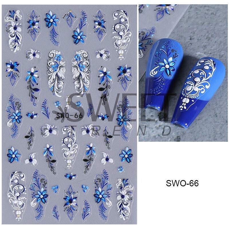 Blue Lace Floral Flowers Nail Art Stickers Embossed Decals DIY Nail Design NS52