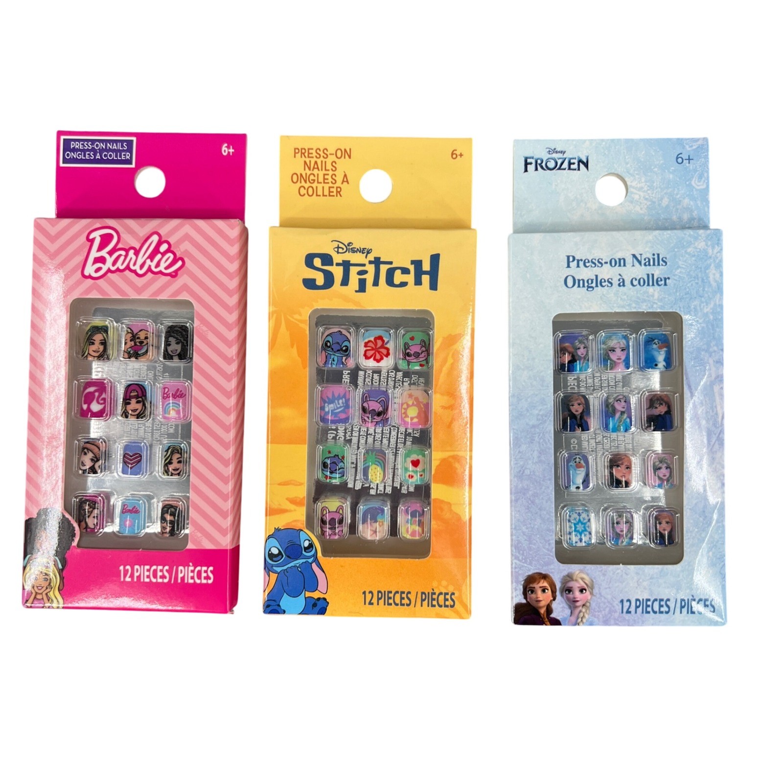 Townley Press-on Nails Kids 3-Pack Multicolor Barbie Stitch Frozen 12pc Each NEW