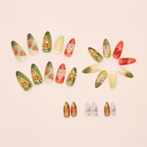 24Pcs Colorful Flowers Press on Nails Medium Almond Fake Nails 3D Floral-3