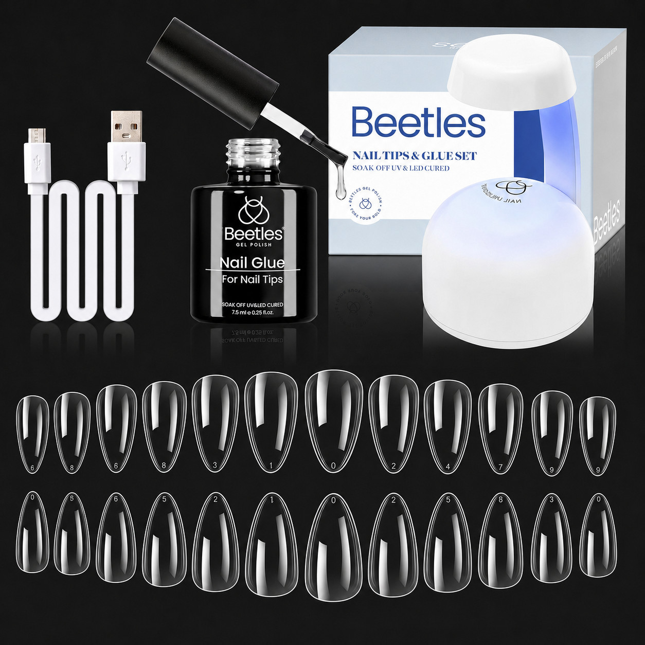 Beetles Gel Nail Kit Clear Almond Short 500pcs 12 Sizes with Glue & UV Lamp