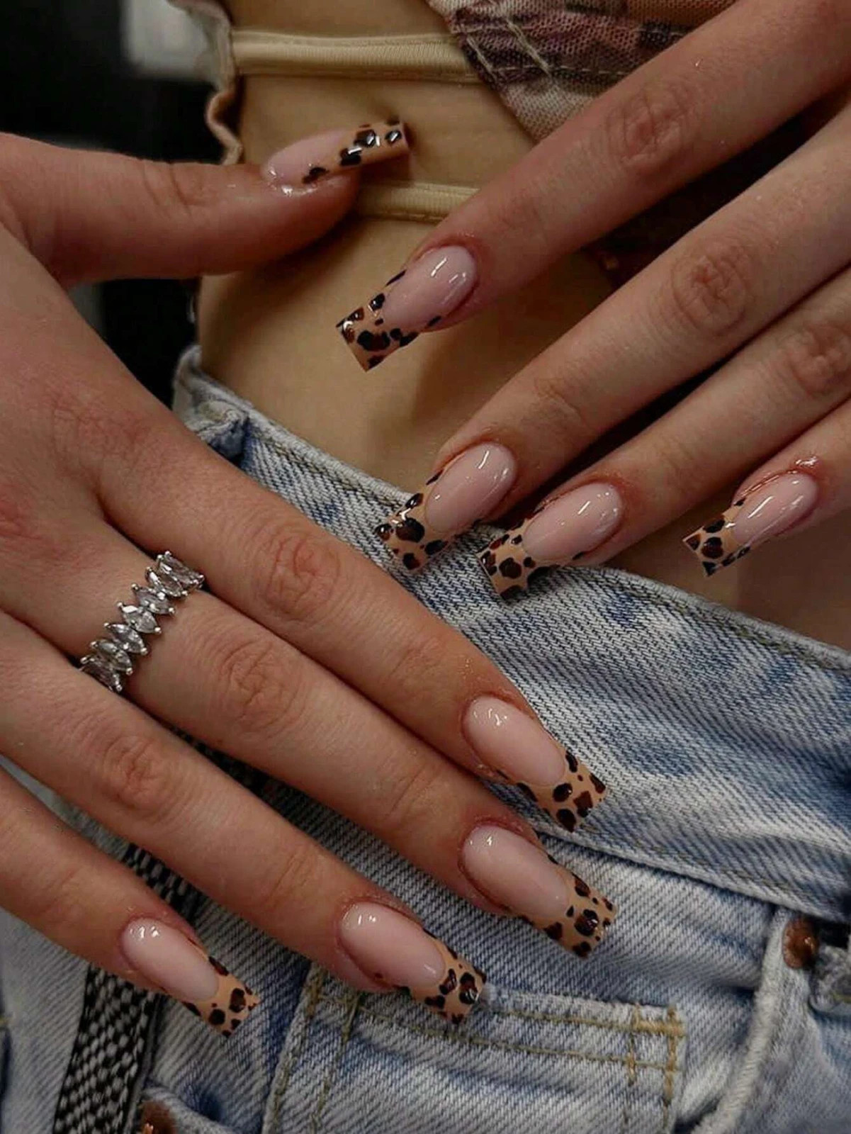 24PCS Y2K Short Square Press On Nails Pink Leopard 3D Bow Glossy Full Cover