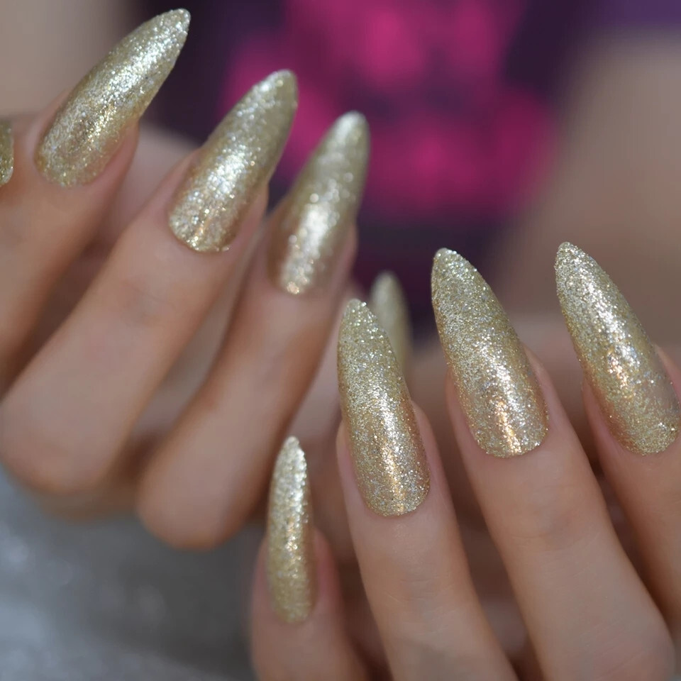 24 Press on Nails kit w Glue extra long stiletto Gold Glitter pointed catty