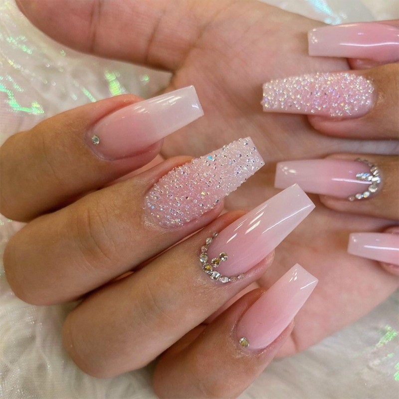 48pcs-Shimmer Pink Coffin Nails Press on With Ombre Glitter and Crystal Accents