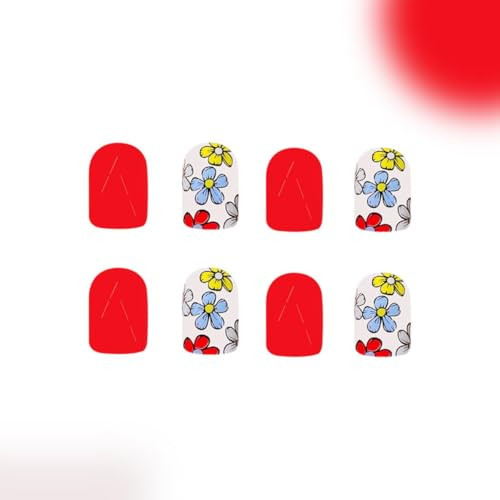 Orange Red Press on Nails Short Square Fake Nails with Design Blue Flower Glue