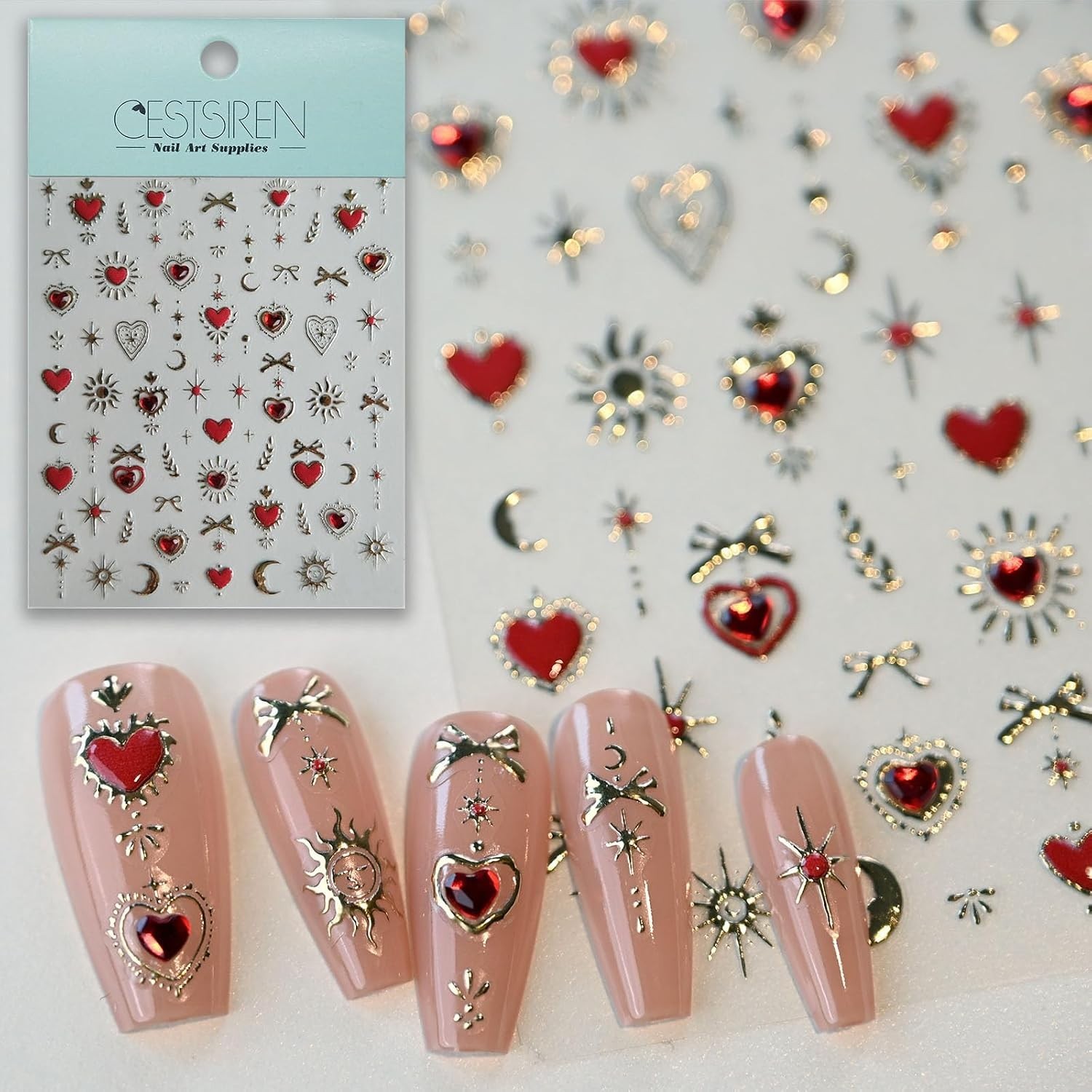 Glamorous and Flexible Gold Totem Red Heart Nail Art Accessories – 5×3.2 Inches