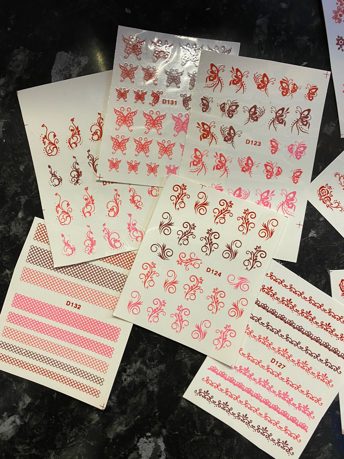 12 Sketch Henna Mehndi Arty Red Pink Butterfly Flower Nail Transfers Uk Seller