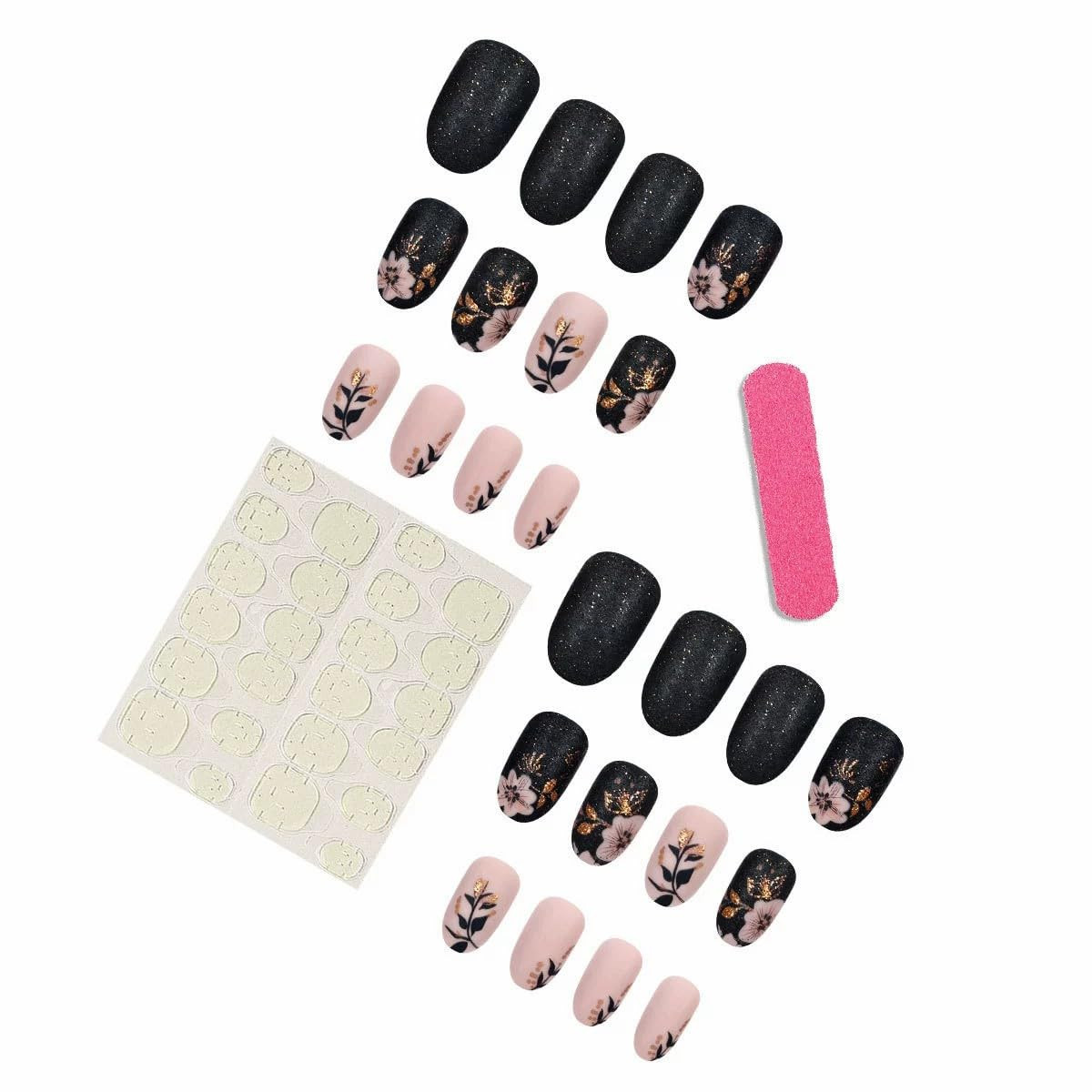Short Press on Nails Almond Fake Nails with Flower Leaves Design Matte Black Nud