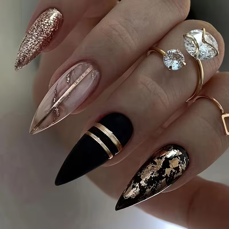 24pcs Long Dark Amber Golden Foil Press-On Nails Set, Exotic Elements, Gothic