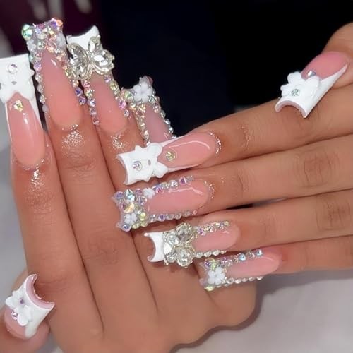 Long Square Press on Nails xxl French Tip Nails Press Ons Butterfly pattern 011