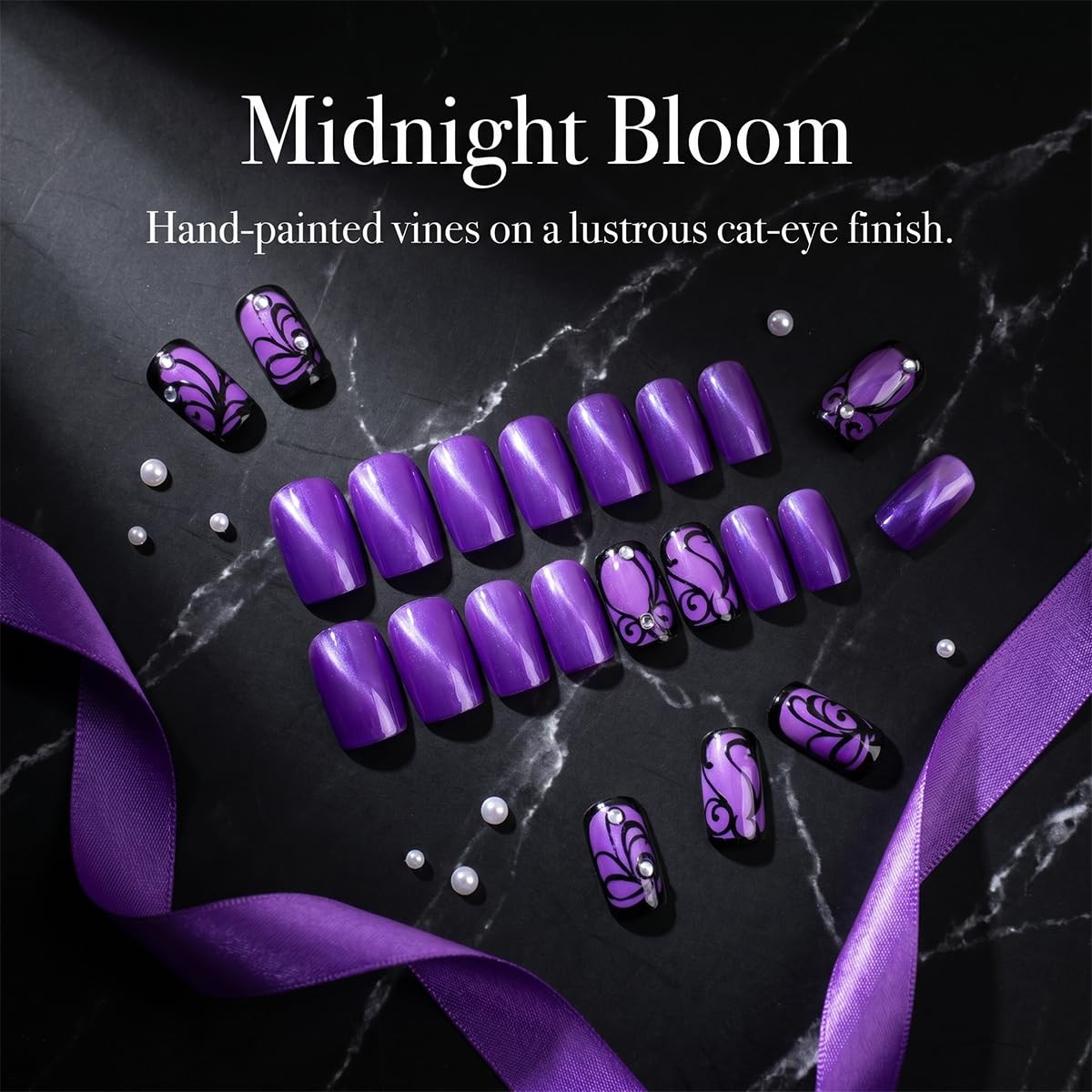 Purple Press On Nails Short Square Black Flowers Line Design Rhinestones