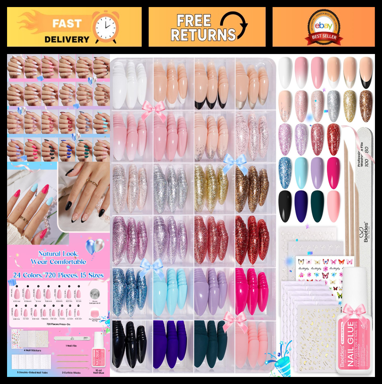 720Pcs Press on Nails Kit – 24 Colors Short Almond Glossy Matte Glitter, Nail Gl