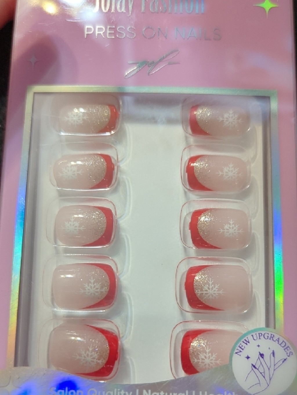 Jofay Fashion Nude With White Snowflake Glitter And Red Tips – Press-On Nails(3)