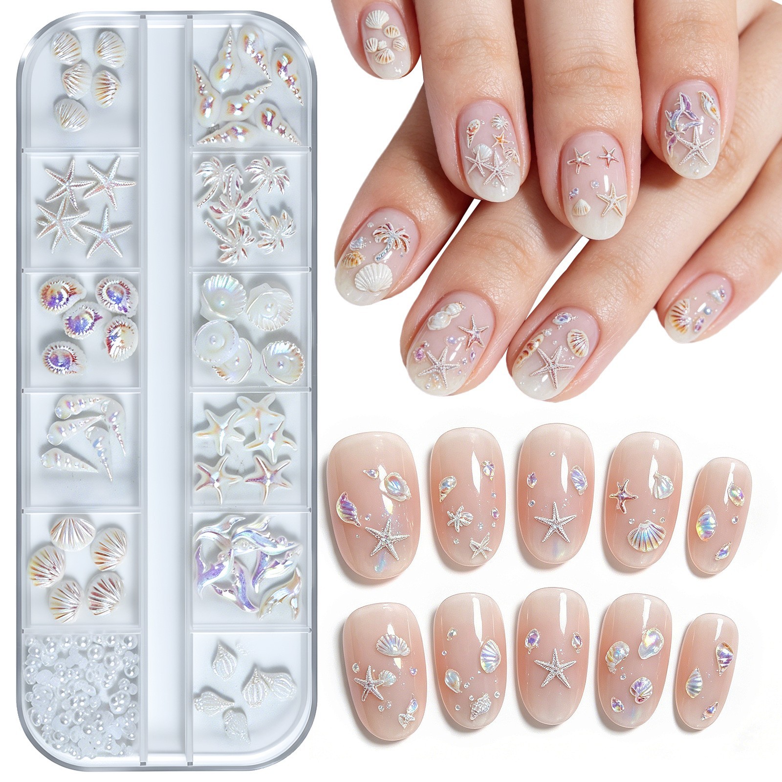 12 Grids Starfish Seashell Nail Charms Summer Ocean Manicure Nails Decor