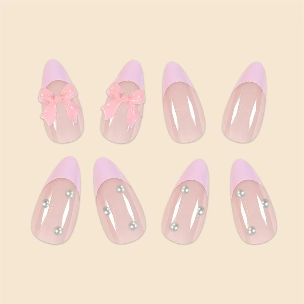 24PCS Short French Tip Press-On Nails – Pink Edges, Pearl Bows, Water Droplet
