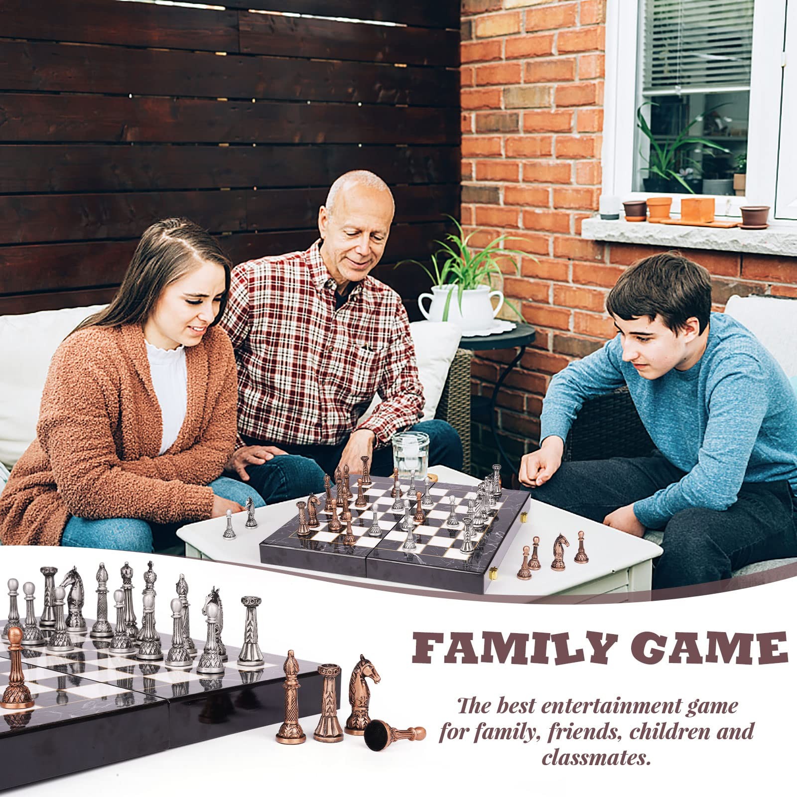 Retro Metal Chess Set for Adults 15.1 inches x inches, Bronze, Silver