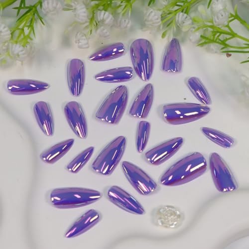 Almond Press on Nails Medium Fake Nails with Glossy Nails Chrome Aurora Designs