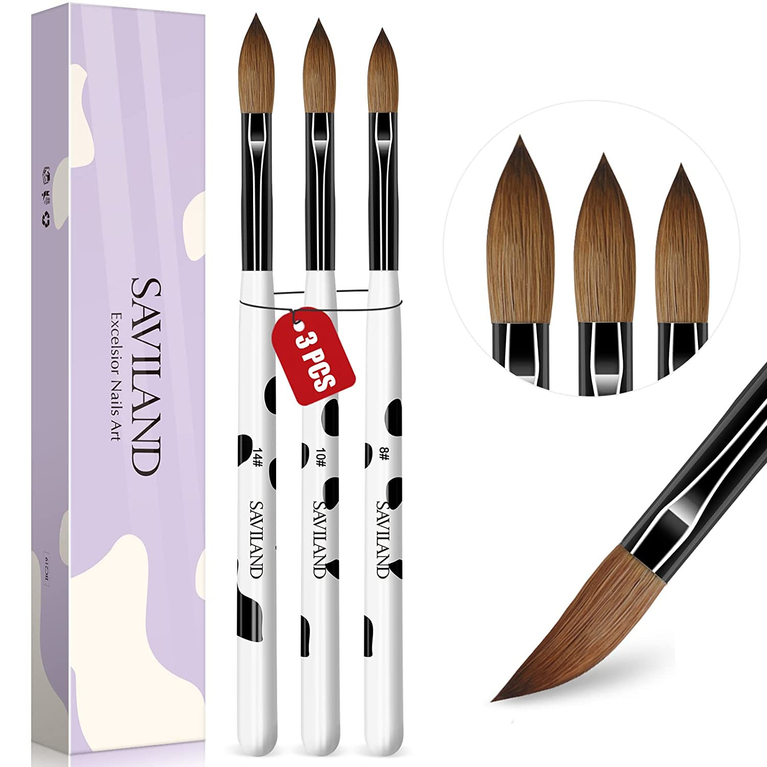 3Pcs Acrylic Nail Brush Set, Size 8/10/14 Kolinsky Acrylic Nail Brushes for Acry