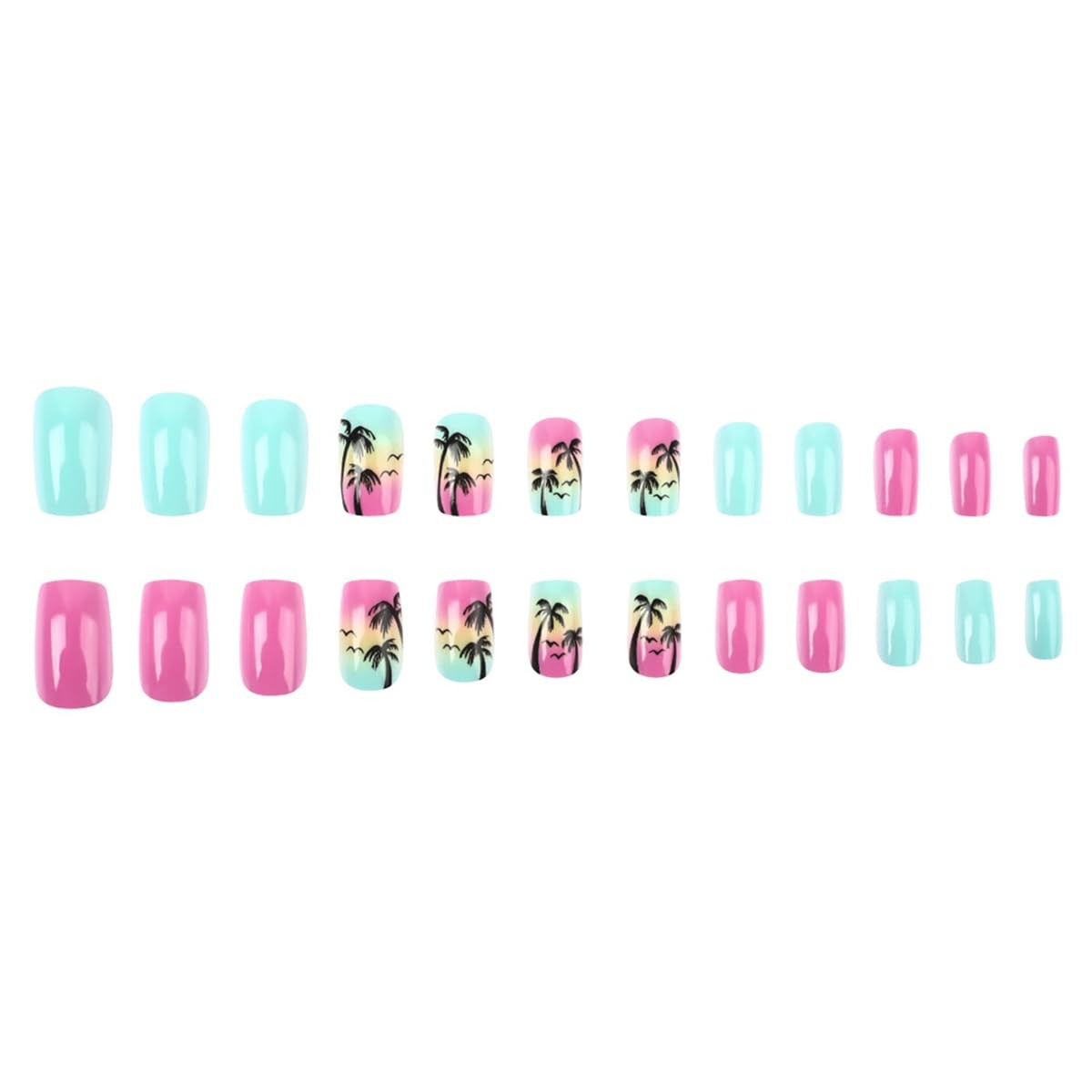 24Pcs Summer Press on Nails Short Palm Tree Square, Multicolor