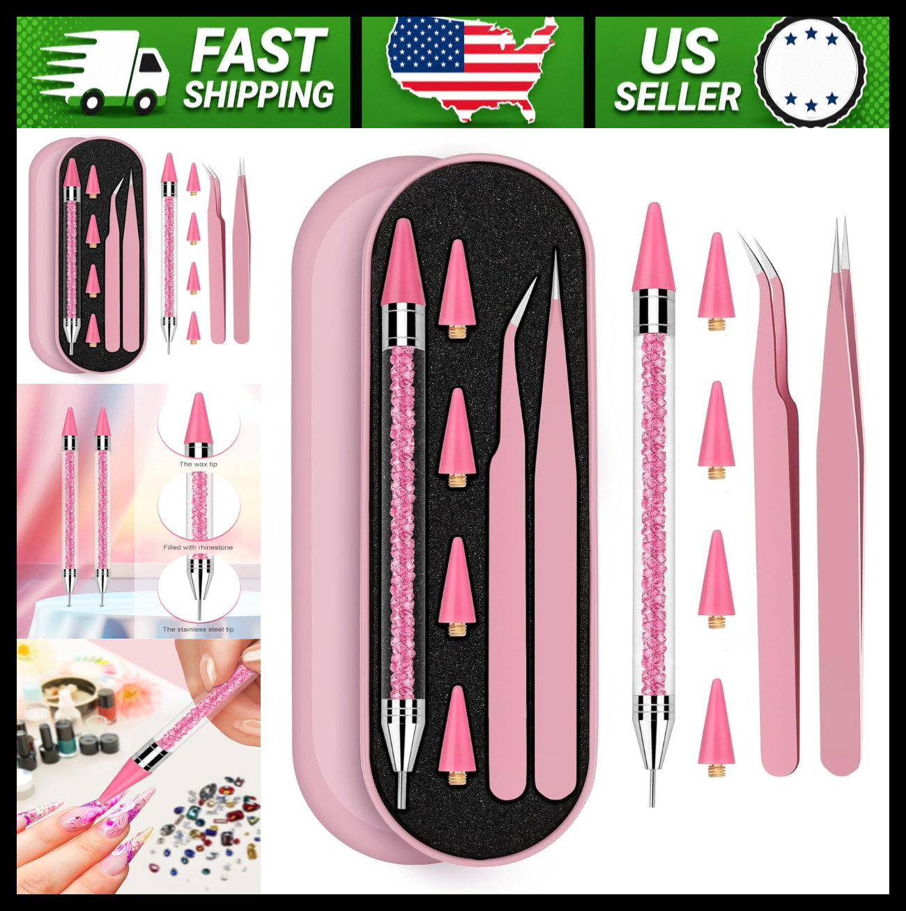 Rhinestone Picker Tool Set with Wax Heads and Tweezers, Pink