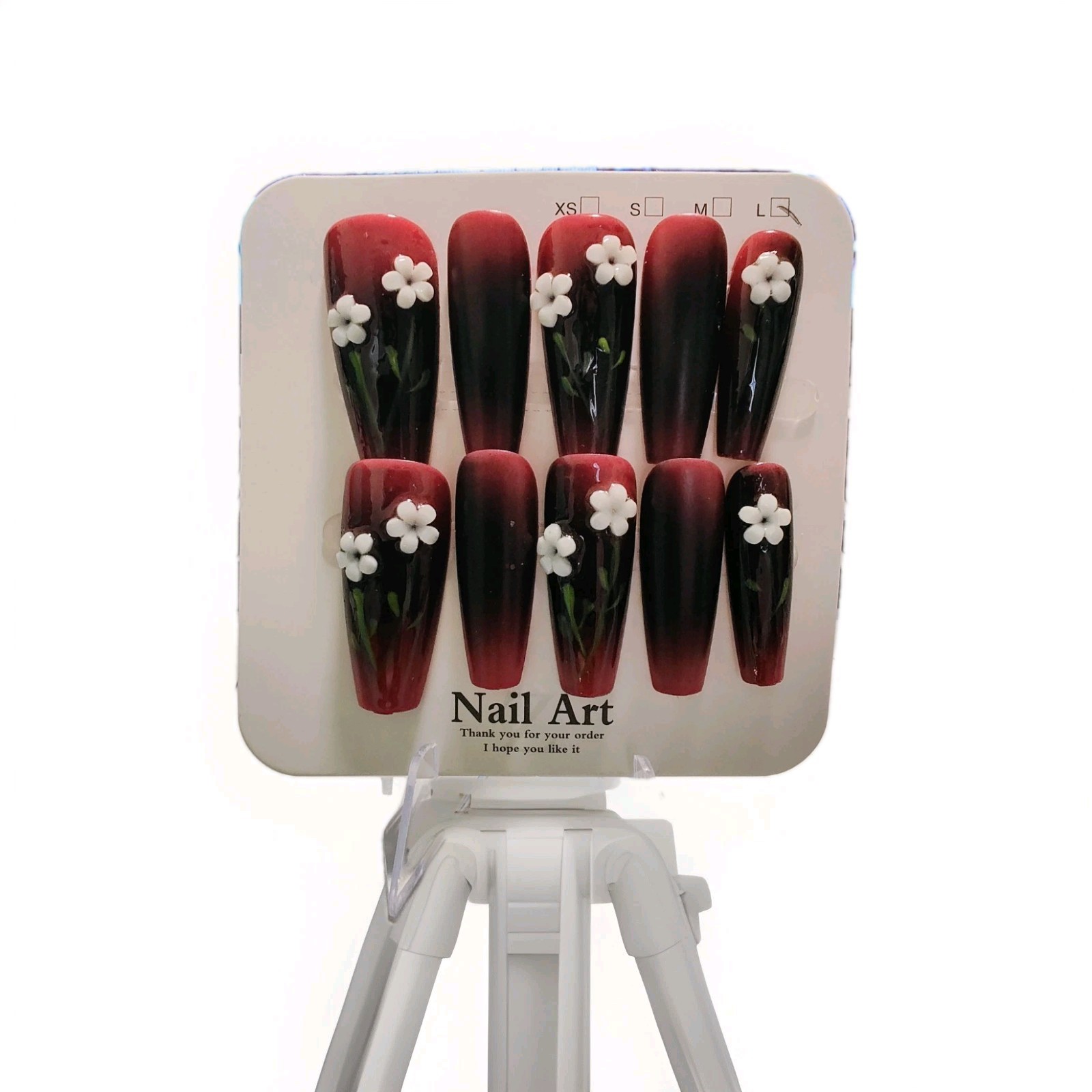 Red Black White Green 3D Flower Long Coffin Press-On Nails Full Cover