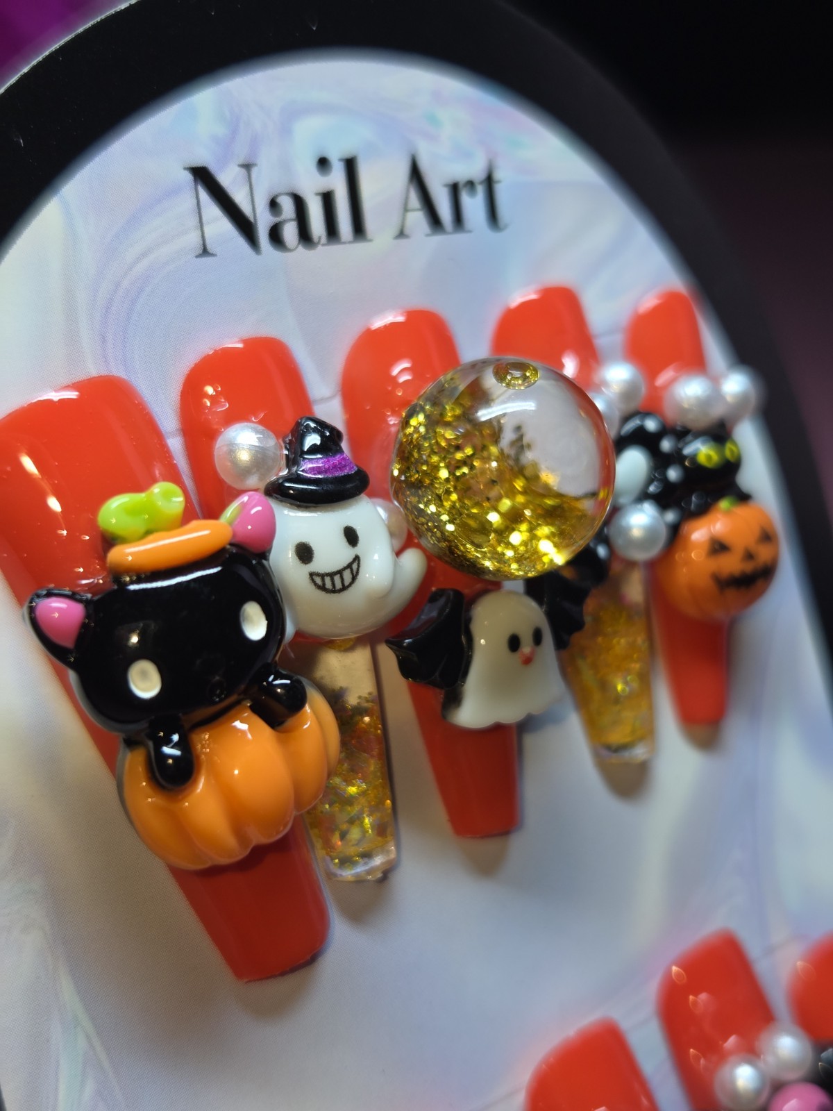 Press On Nails Handmade Medium, Orange,halloween, Snowglobe, Water Aqua Nails