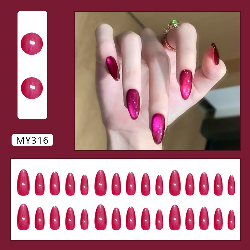 48Pcs-Long Almond Fuchsia Red Cat Eye Sparkly Glossy Press on Nails Set