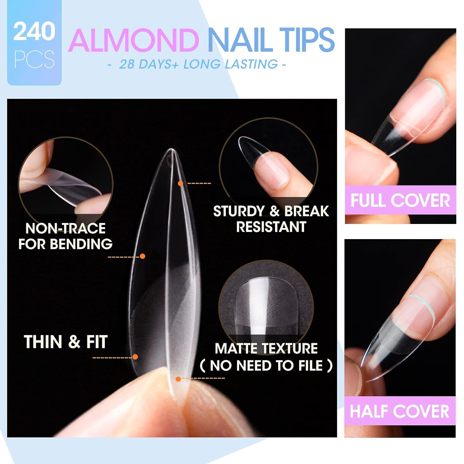 Gel Tips Nail Extension Kit, Gel Nail Kit with 240Pcs Almond Tips, 3 in 1 UV Glu