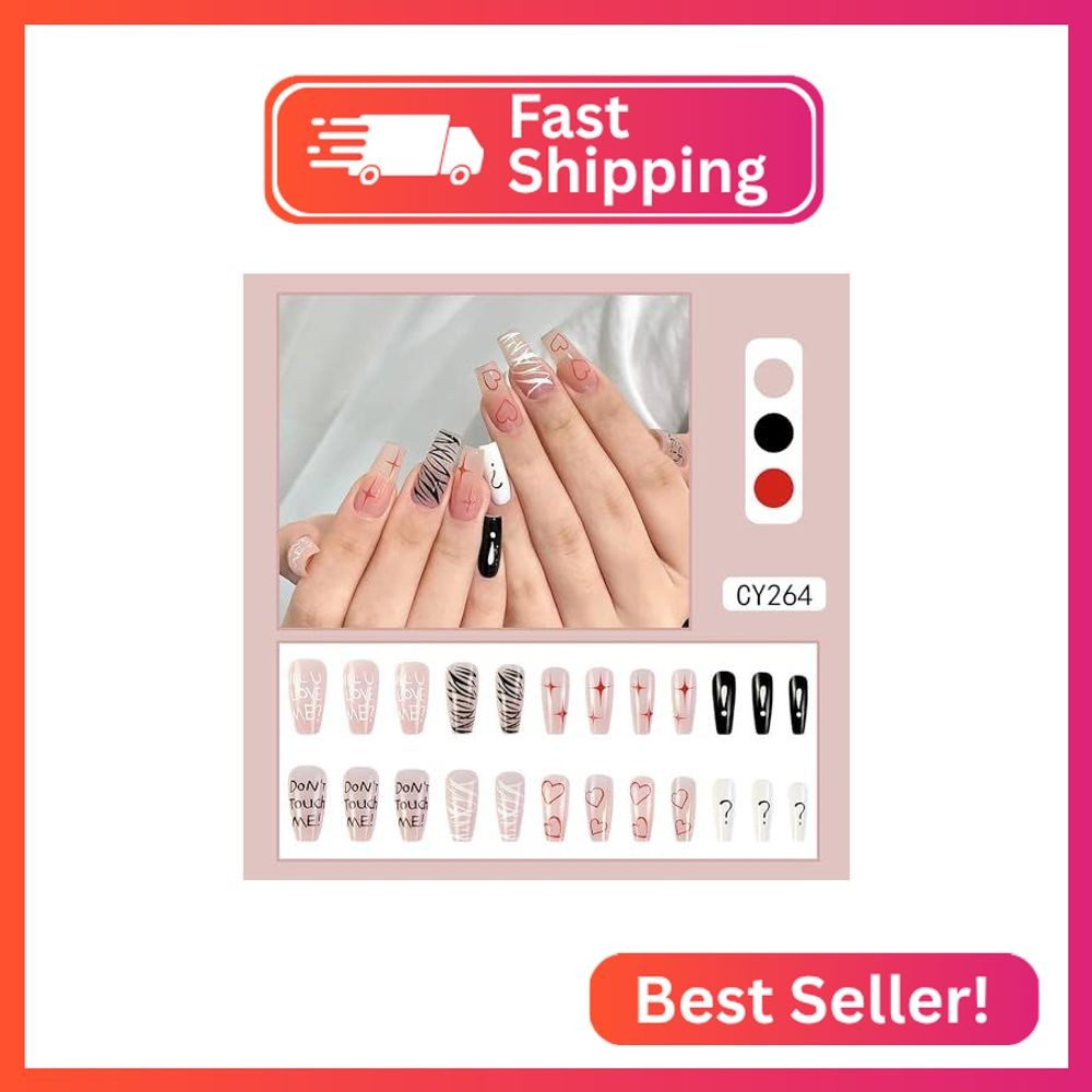 Vezocim Red Heart Press on Nails Medium Coffin Shape 24Pcs Glossy Full Cover Acr