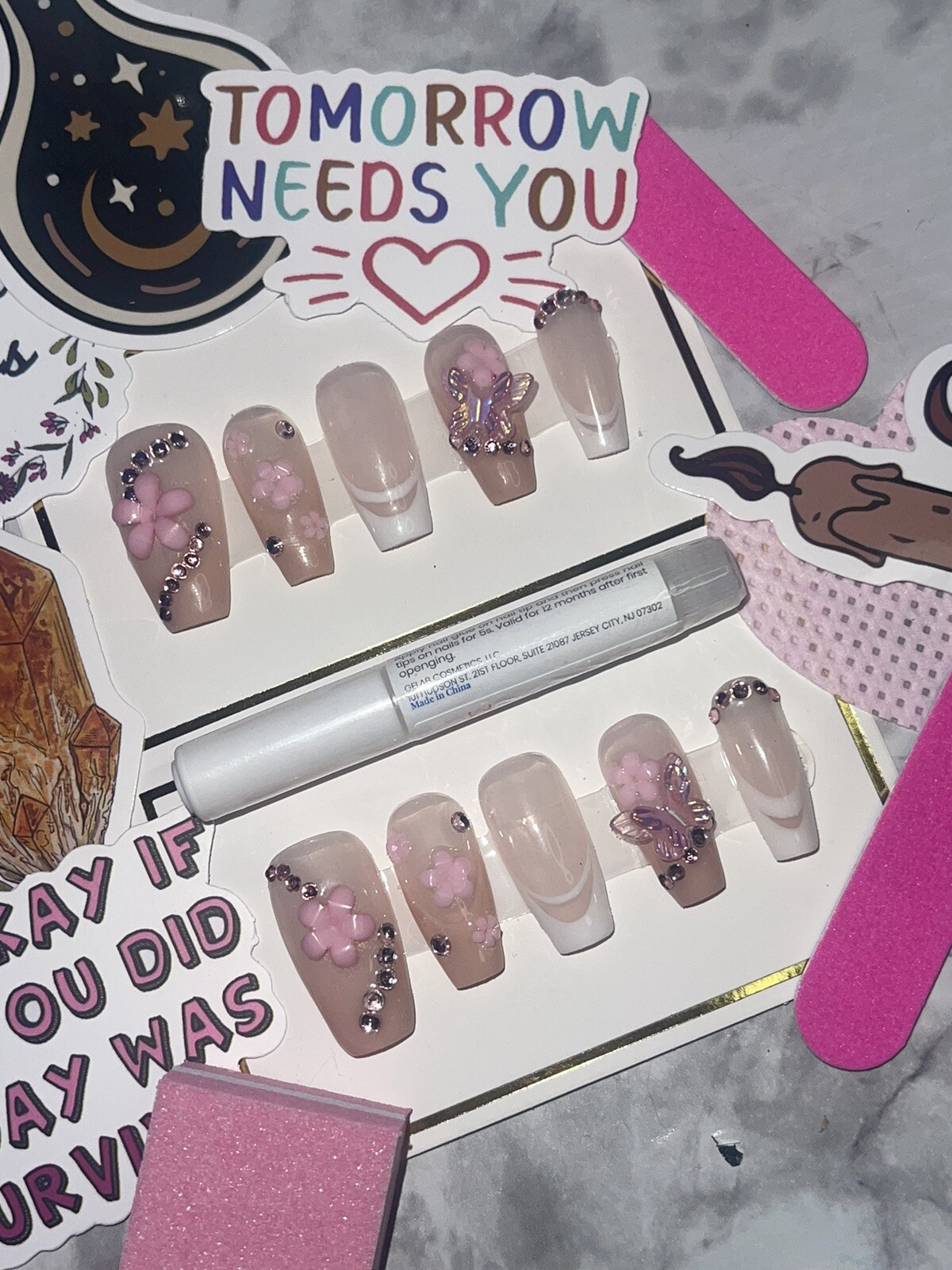 White And Pink French Tip W/ Rhinestones Press on Nails. includes Prep Kit