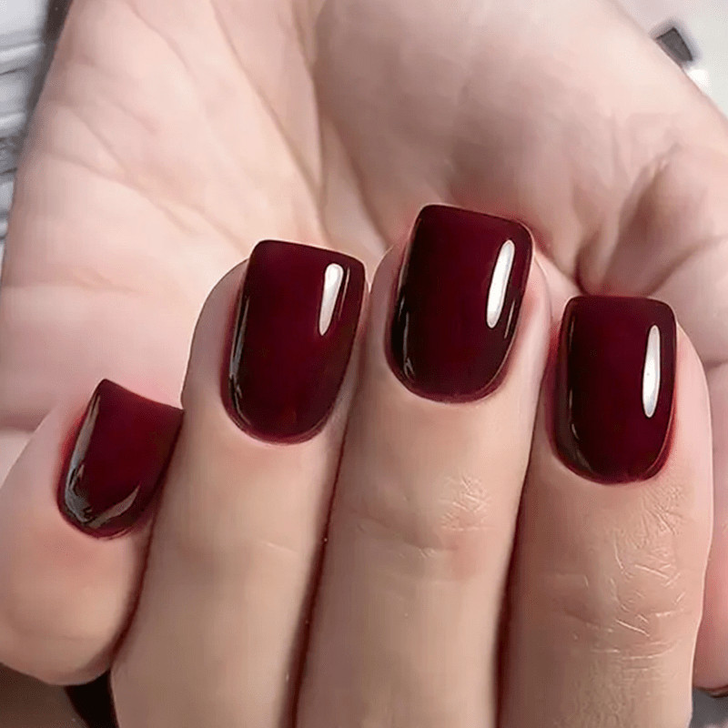64Pcs Dark Wine Red Short Square Press on Nails, Bright Warm Nude Fake Nails