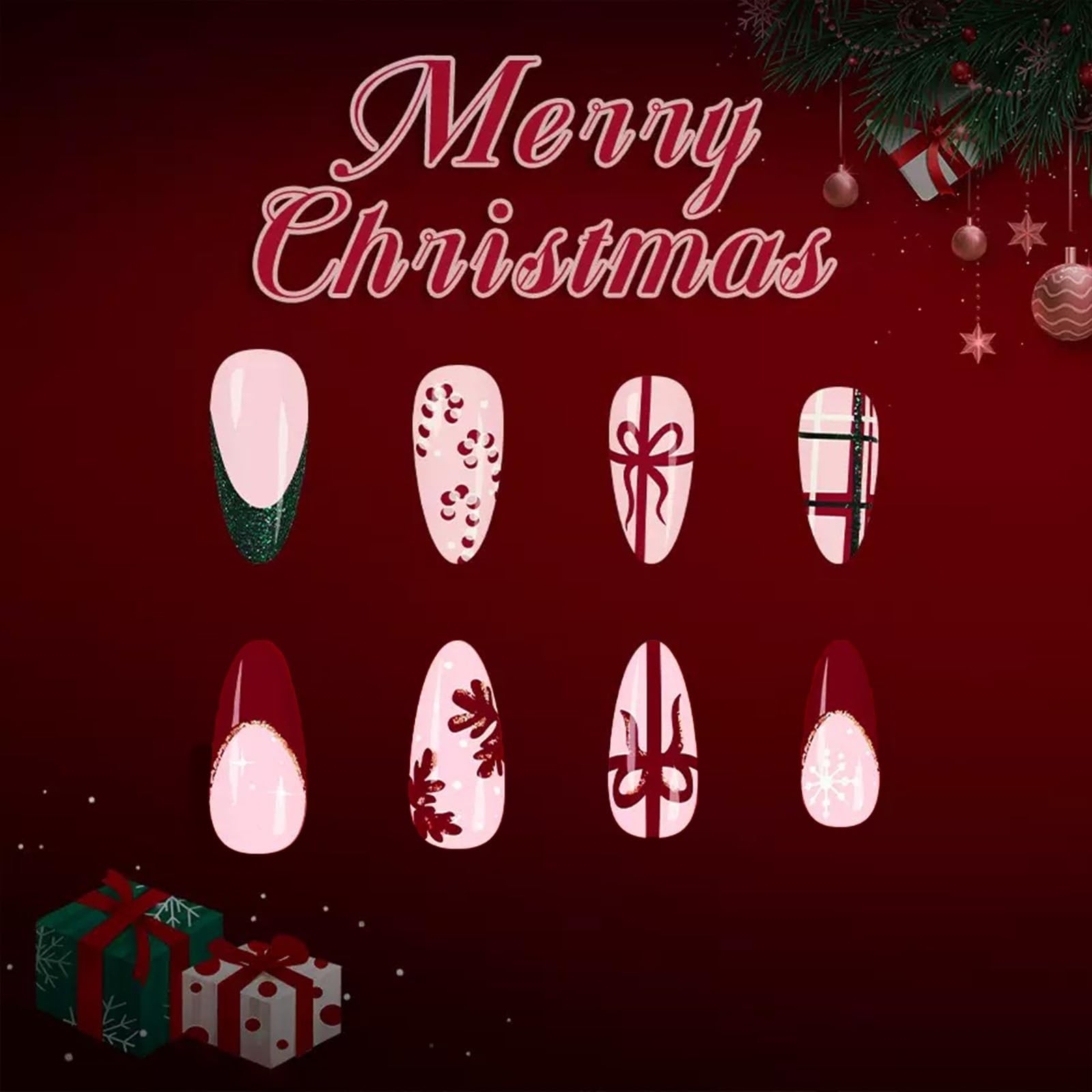 2 Packs 48Pcs Christmas Press on Nails Short Almond Fake Medium, Style 4