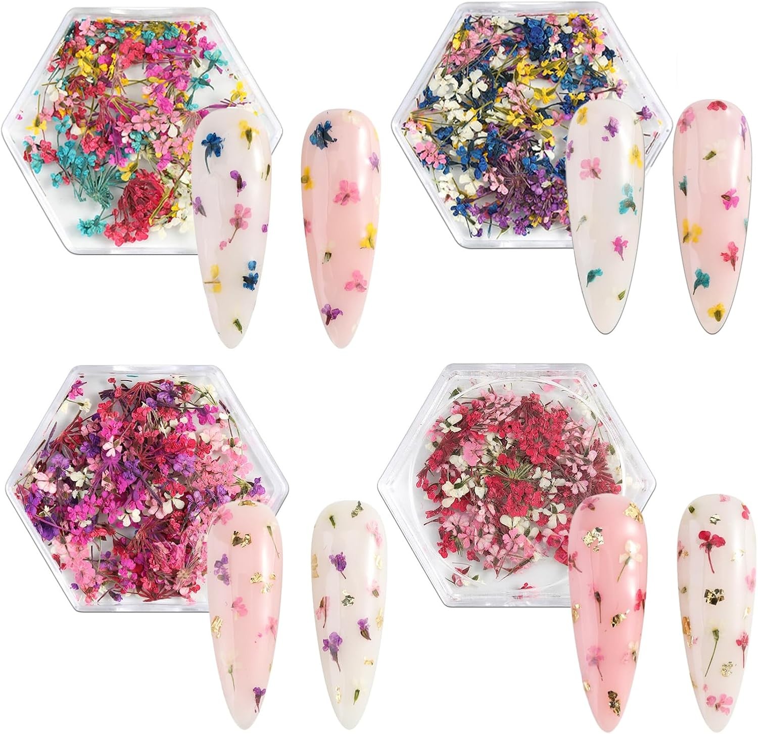 4 Boxes 3D Dried Flowers Nail Art Kit, Natural Floral Petals for DIY Manicure