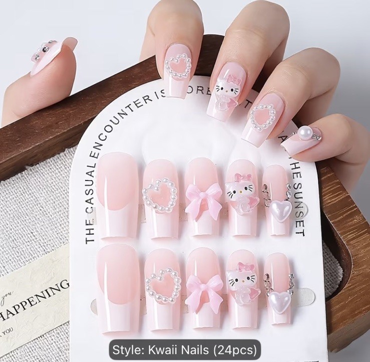 24pcs Pink White French Tip Press on Nails- Sanrio Hello Kitty,heart, Pearls