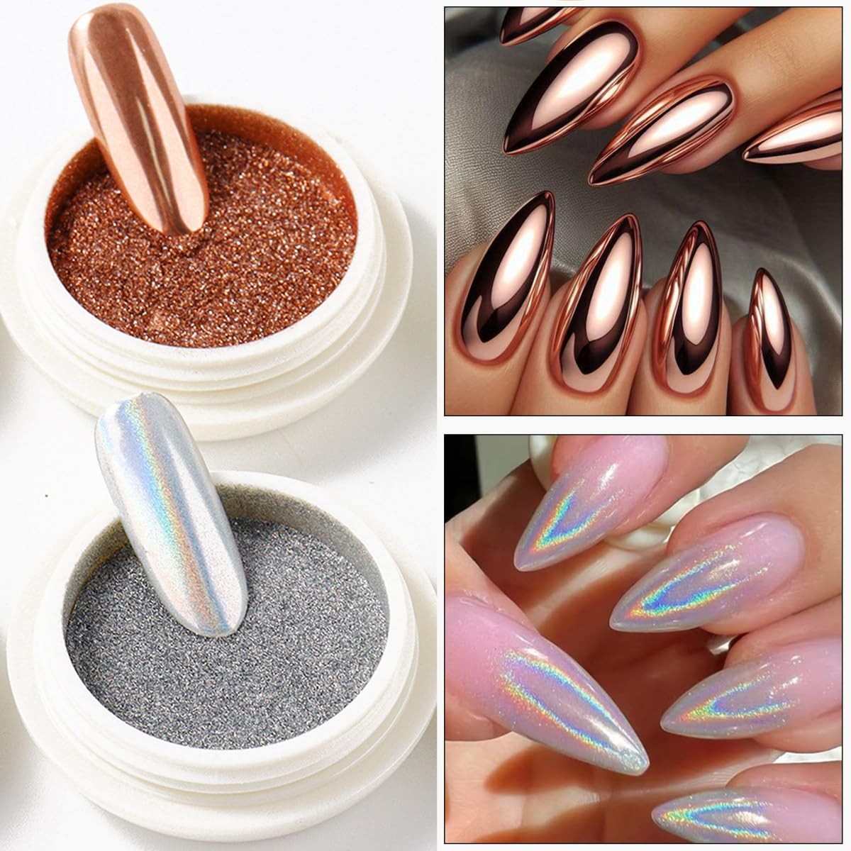 Chrome Nail Powder Set, 6 Colors Metallic Gold Silver Rose Pink White Mirror …