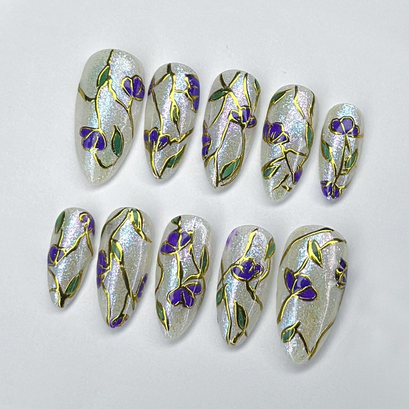 Custom Pure Handmade Nails Silver Shimmer Purple Flower Gold Line Manicure