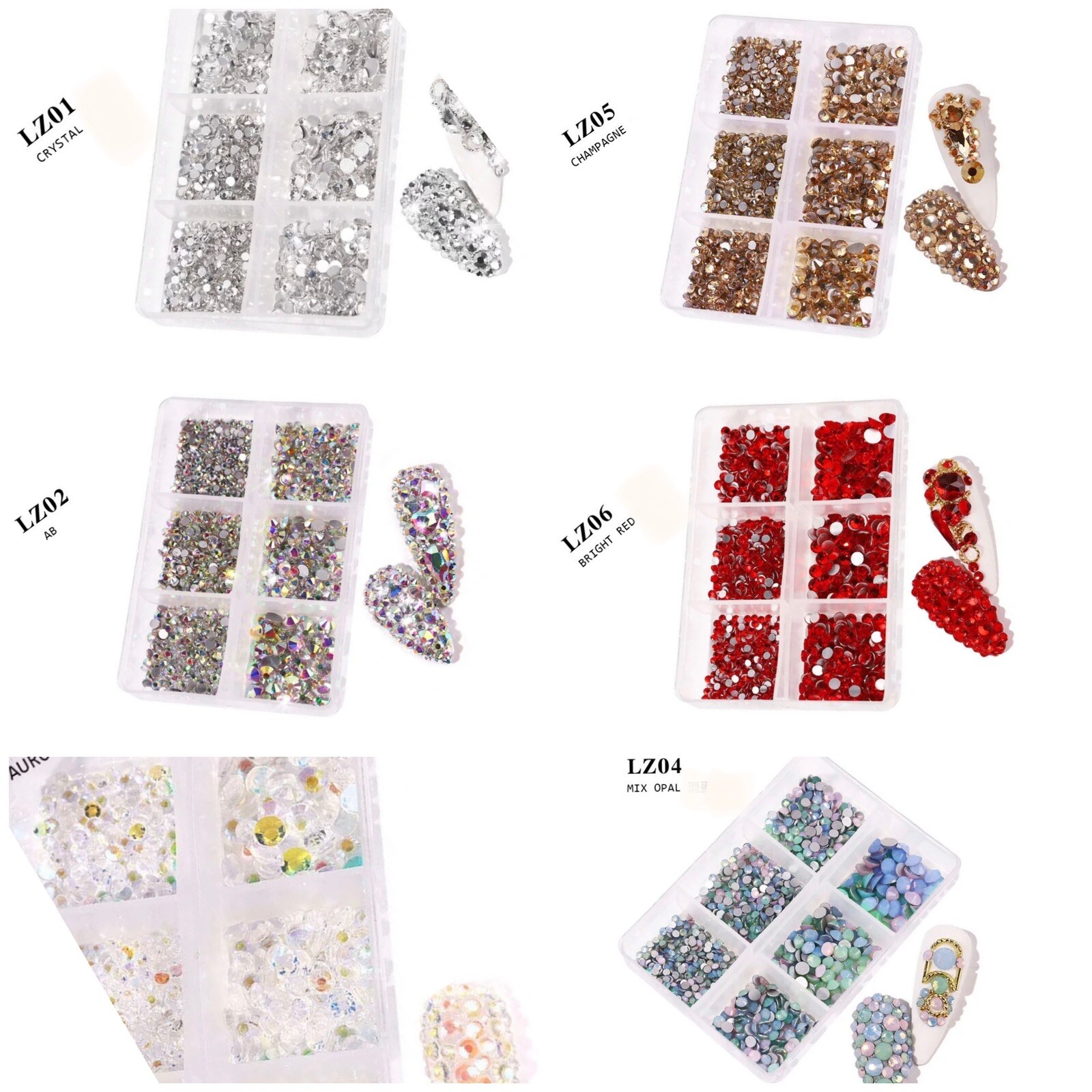 Box of 6 sets of Art Rhinestones Crystal Flat Bottom Mixed 3D Nails Decoration
