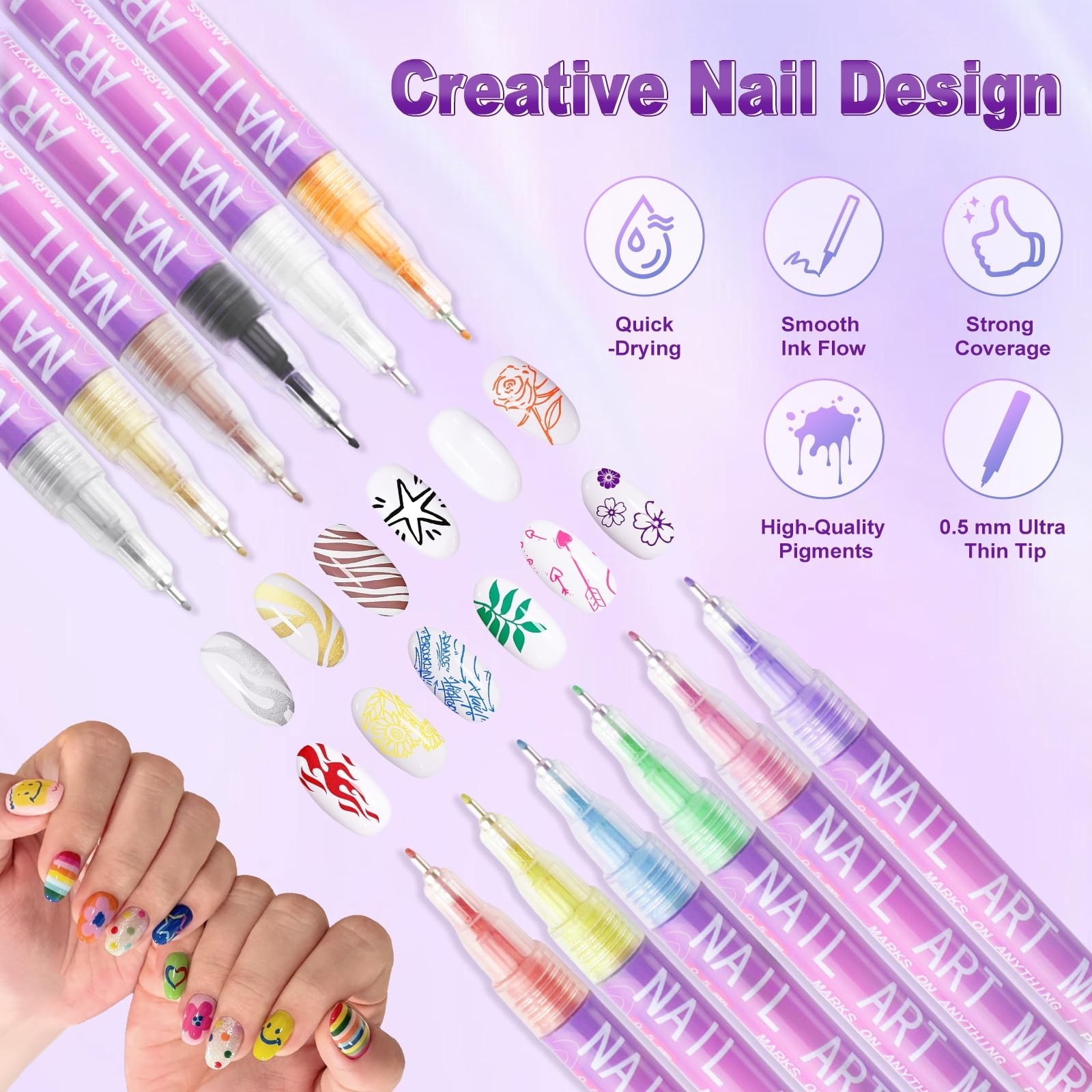 12 Colors Nail Art Pens – 0.5MM Fine Tip Quick-Drying Markers for DIY Nail Desig