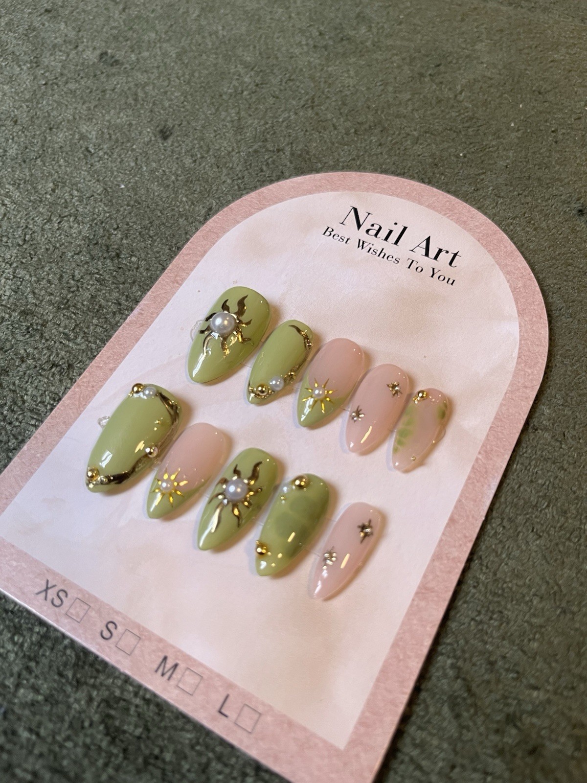 Almond Medium Press-On Nails Green Pink Gold Star Theme 3D Shiny Full Cover Set