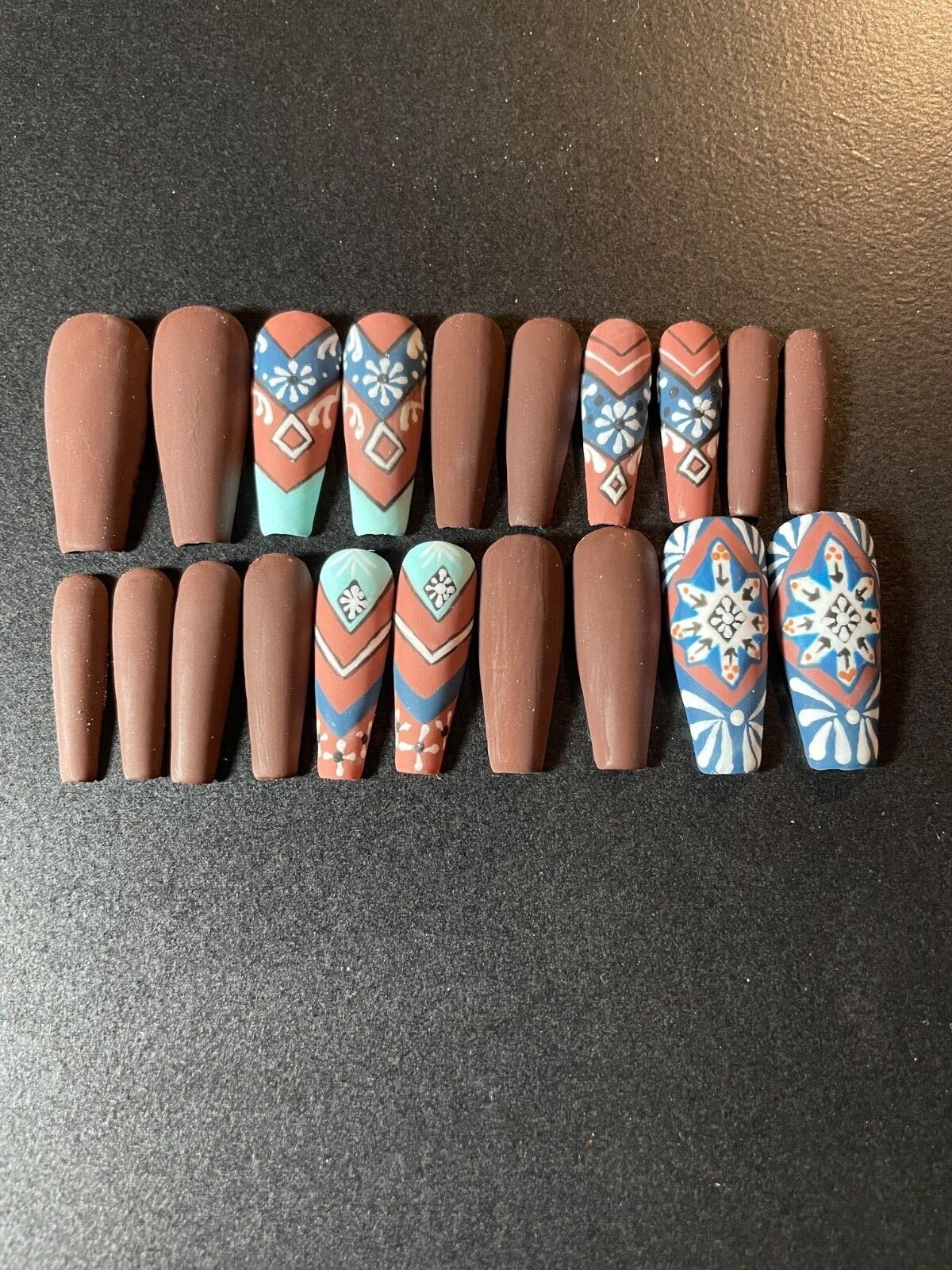 Custom press on nails long 24 matte abstract tribal native brown teal blue white