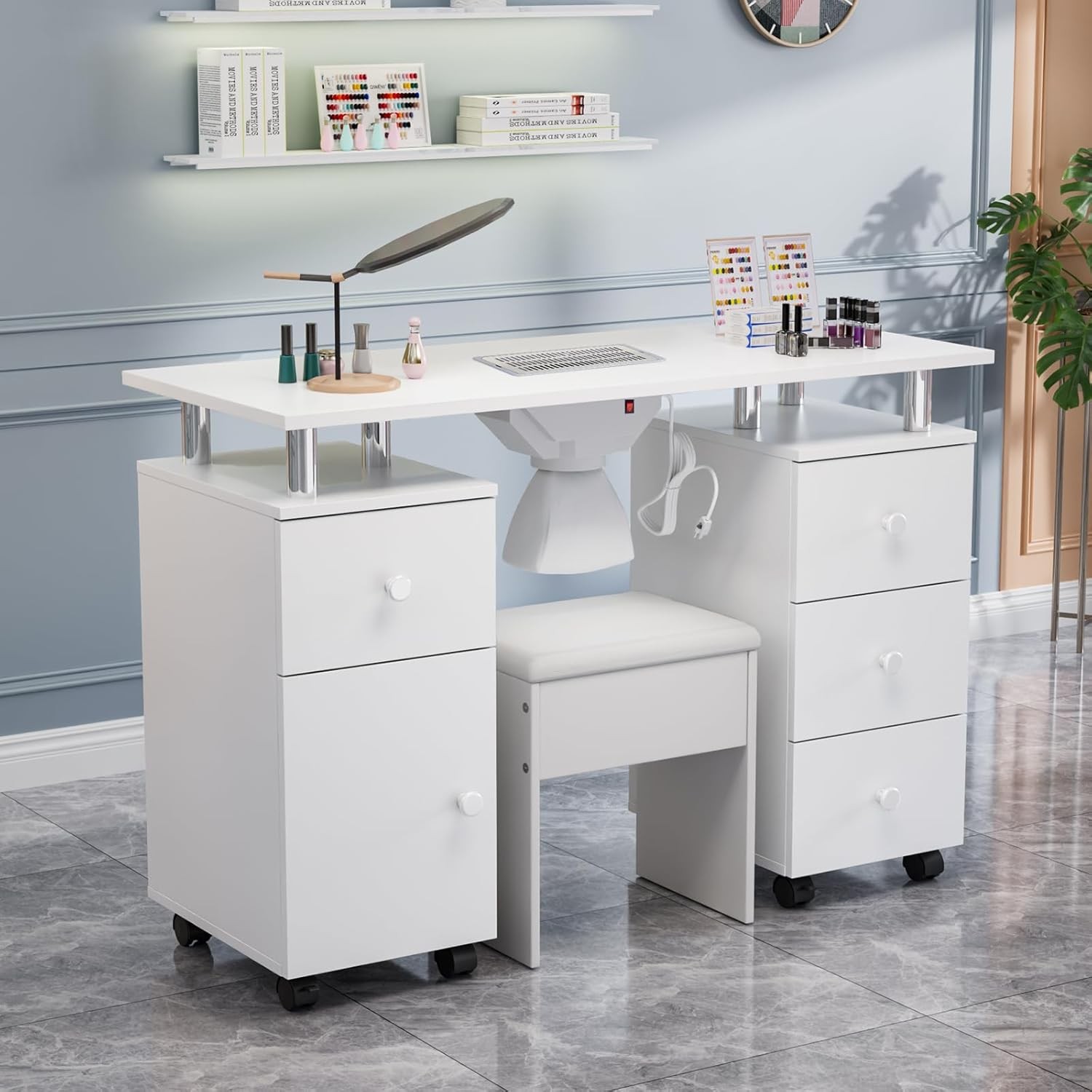 Salon Nail Desk Set with Stool, Drawers, Dust Collector, Smooth Rolling Wheels