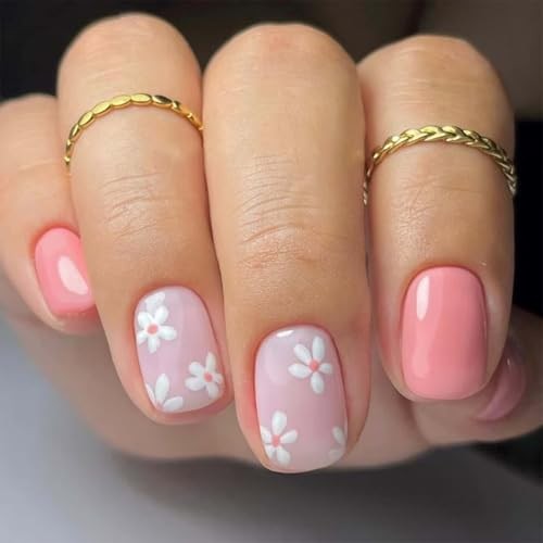 Pink Press on Nails – Short Square Floral Designs – 24 Pcs – Easy to Use