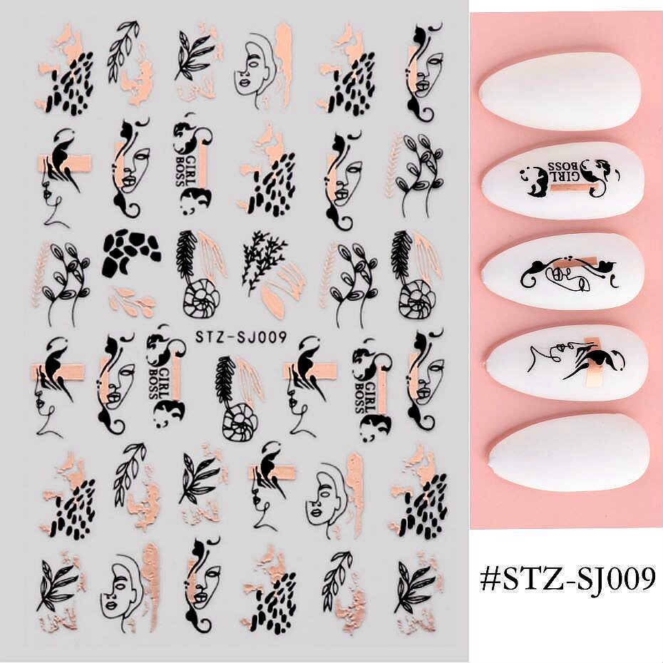 Rose Gold Flower Women Face Leopard Print Nail Sticker Geometric Lines Leaf