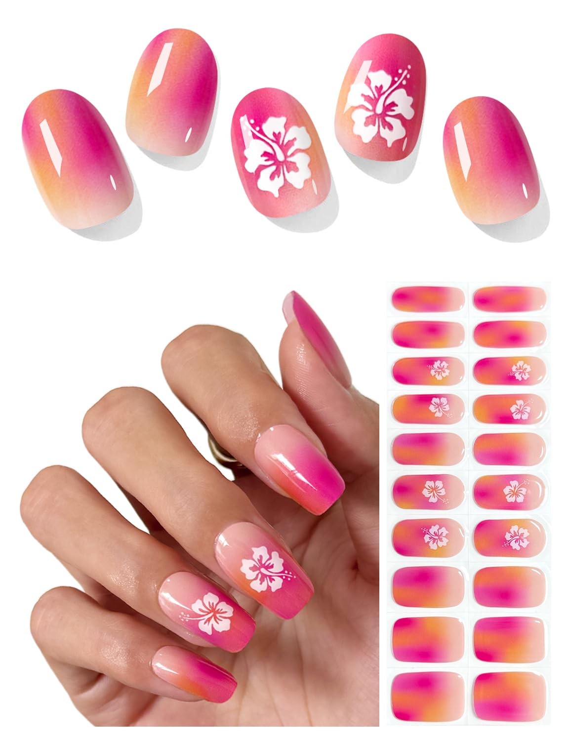 Semi Cured Nail Strips (Pink Orange Omber), 20 Pcs Summer Nail Wraps, Sticker…