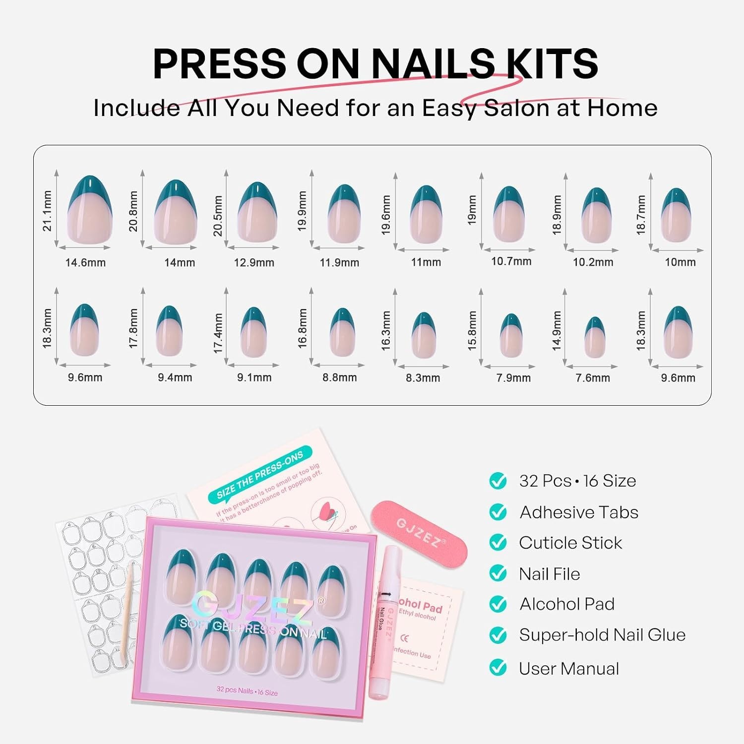 Transformative Teal Gel Almond Fake Nails – 16 Sizes