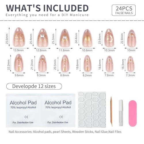 Silver Glitter French Press On Nails 24pcs, Nude Almond 40-Sun Moon and Stars