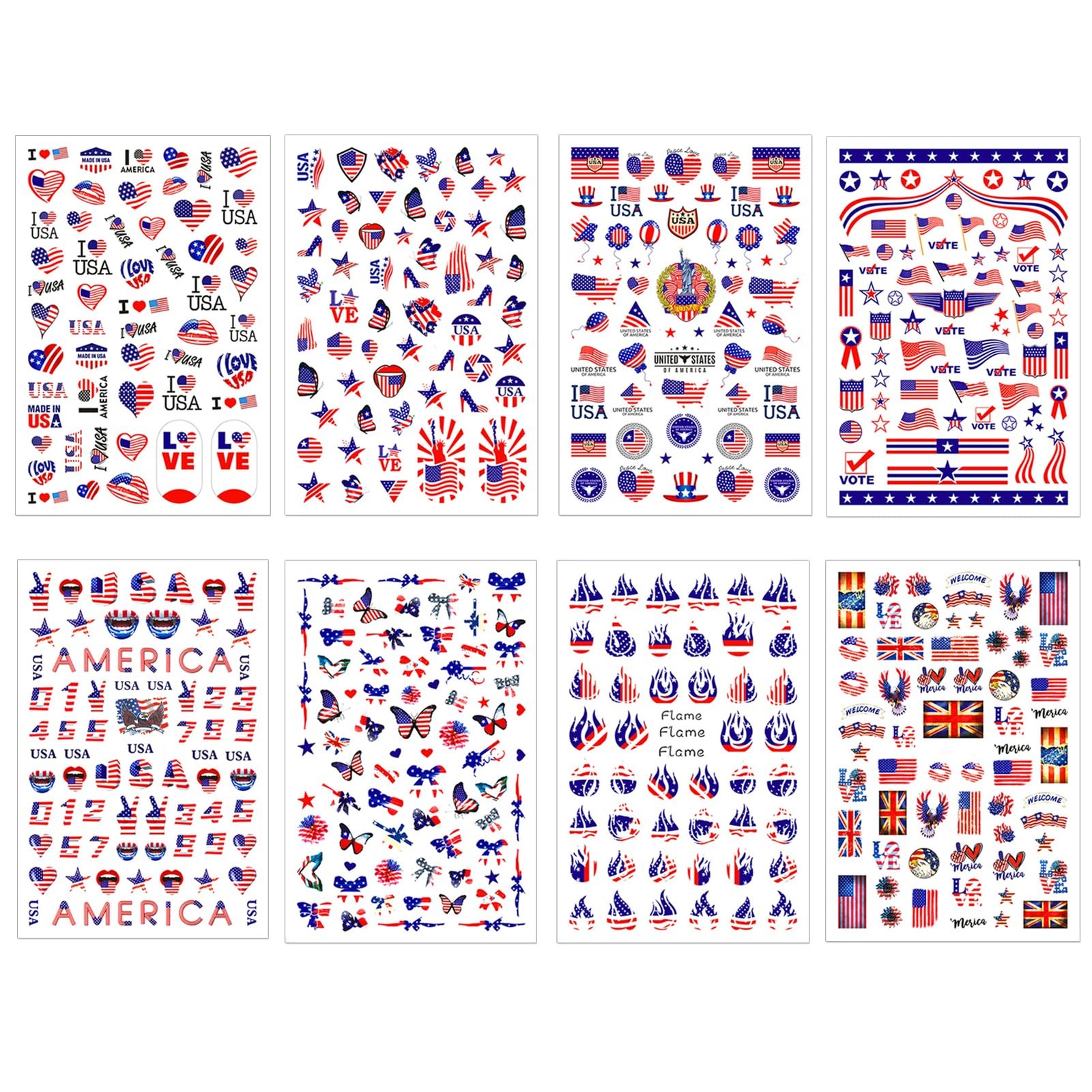 8 Sheets 4th of July Nail Stickers, Independence Day Patriotic Nail Decals